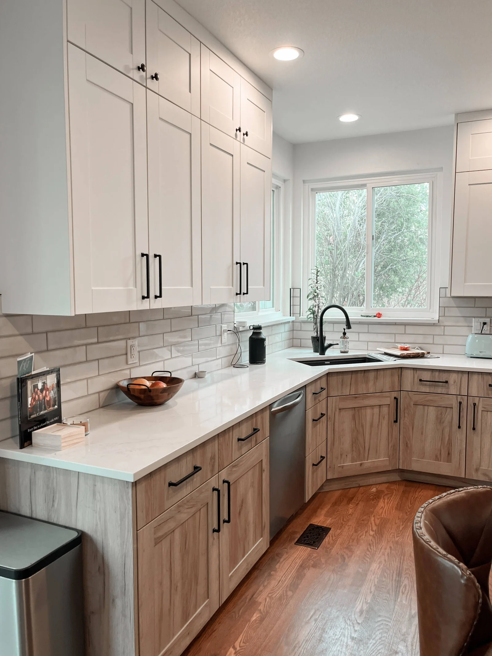 Professional cabinet refacing results — refaced kitchen cabinets with premium wood veneer and new hardware