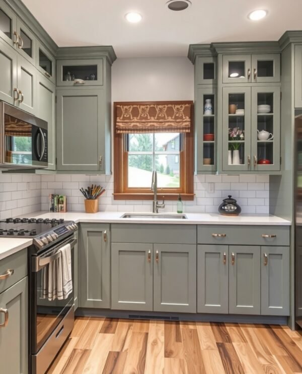 Professionally refinished kitchen cabinets with modern white finish