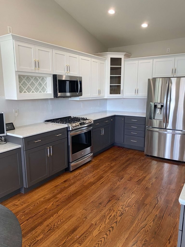 Kitchen cabinet refacing before and after — new doors, drawer fronts, and veneer by our cabinet refacing company